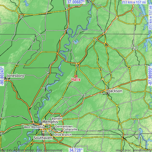 Topographic map of Halls