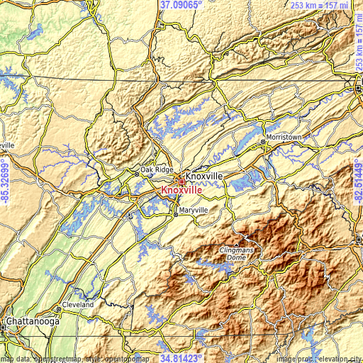 Topographic map of Knoxville