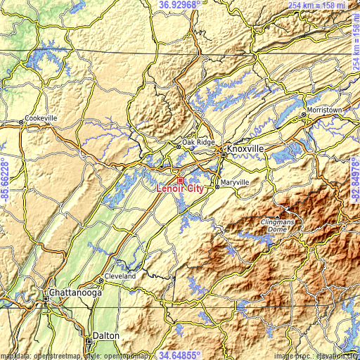 Topographic map of Lenoir City