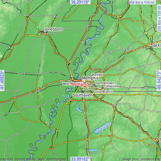 Topographic map of Memphis