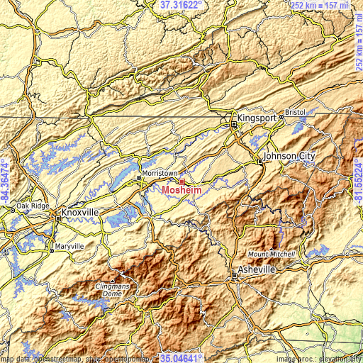 Topographic map of Mosheim