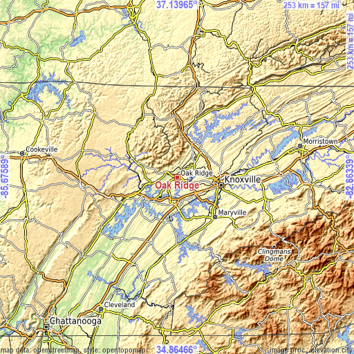 Topographic map of Oak Ridge