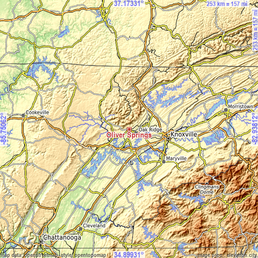 Topographic map of Oliver Springs