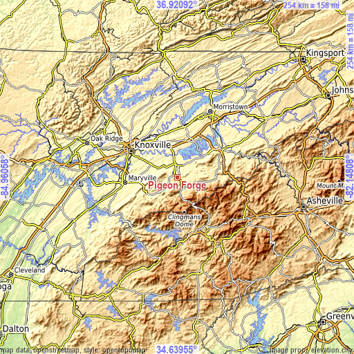 Topographic map of Pigeon Forge