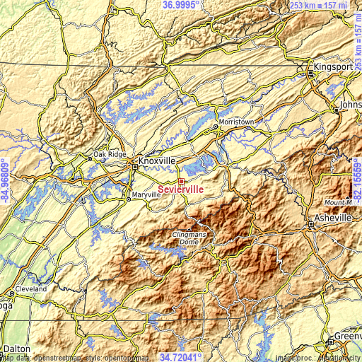 Topographic map of Sevierville