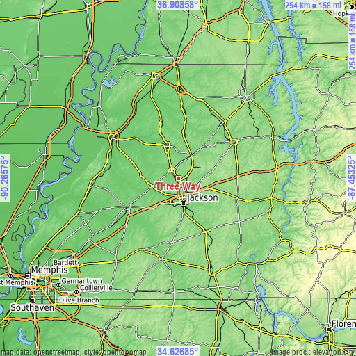 Topographic map of Three Way