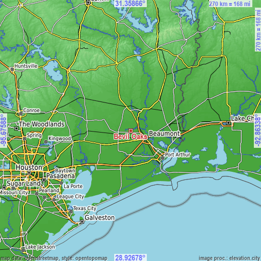 Topographic map of Bevil Oaks