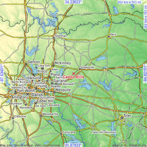 Topographic map of Caddo Mills