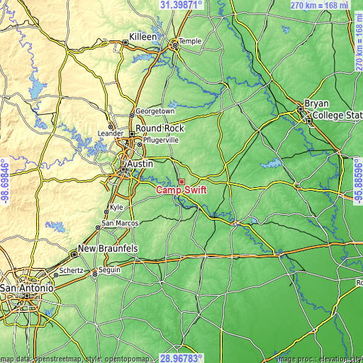 Topographic map of Camp Swift