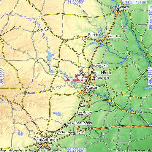 Topographic map of Jonestown