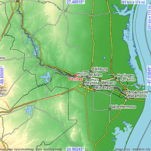 Topographic map of Penitas