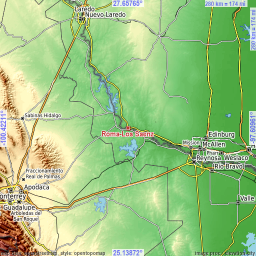 Topographic map of Roma-Los Saenz
