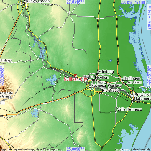 Topographic map of Sullivan City