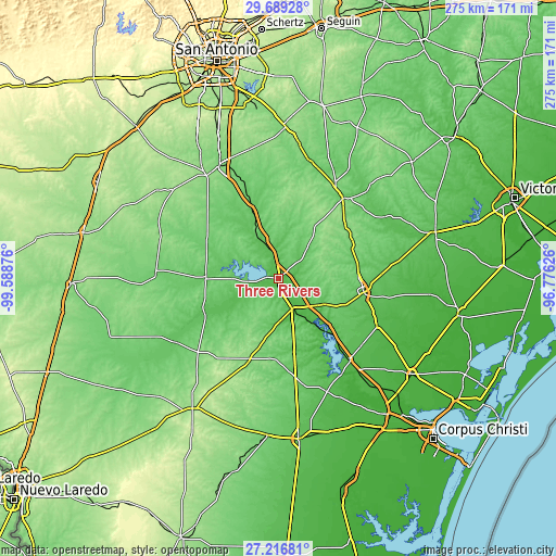 Topographic map of Three Rivers