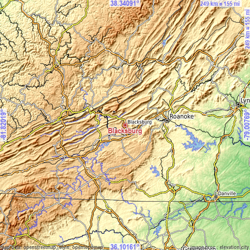 Topographic map of Blacksburg