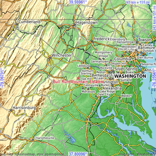 Topographic map of Bull Run Mountain Estates