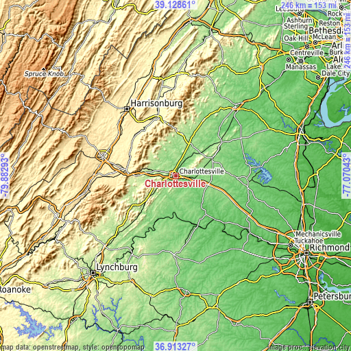 Topographic map of Charlottesville