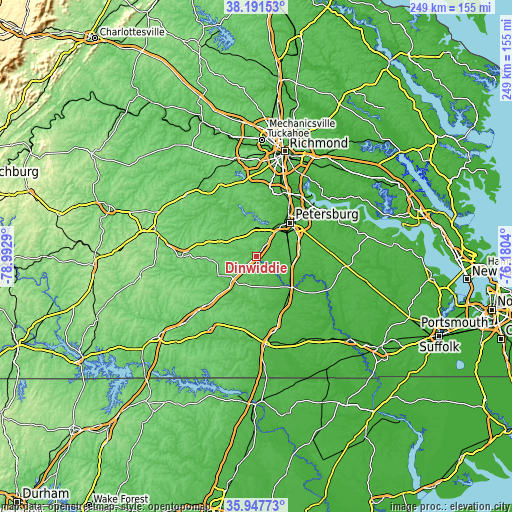 Topographic map of Dinwiddie