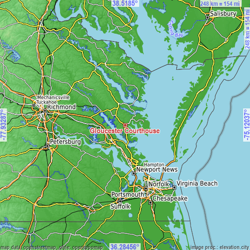 Topographic map of Gloucester Courthouse