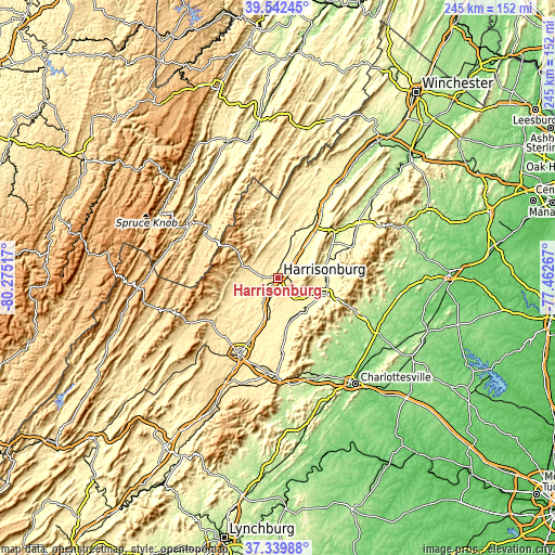 Topographic map of Harrisonburg