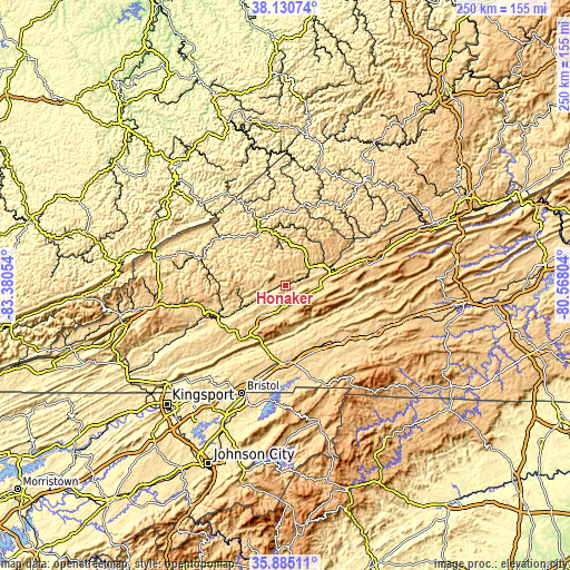 Topographic map of Honaker