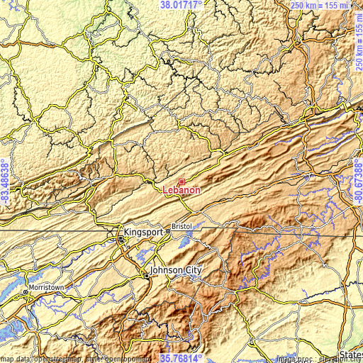 Topographic map of Lebanon