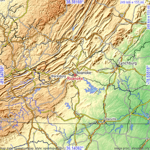 Topographic map of Roanoke
