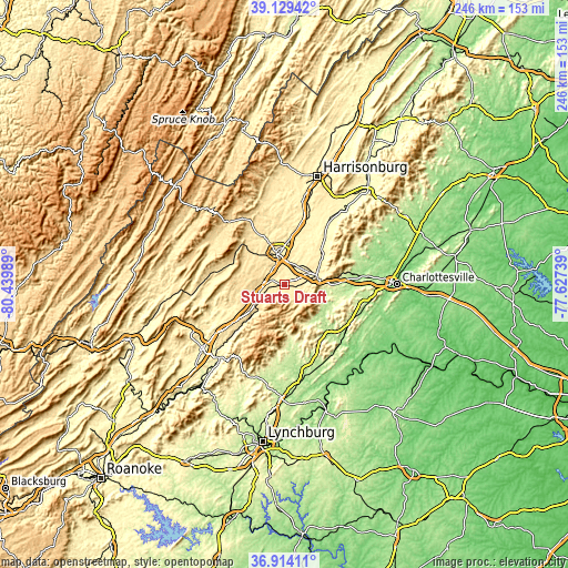 Topographic map of Stuarts Draft