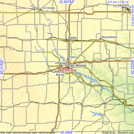 Topographic map of Des Moines