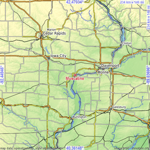 Topographic map of Muscatine