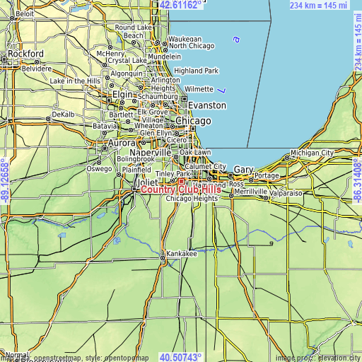 Topographic map of Country Club Hills