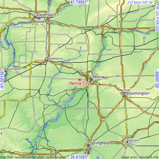 Topographic map of Hanna City