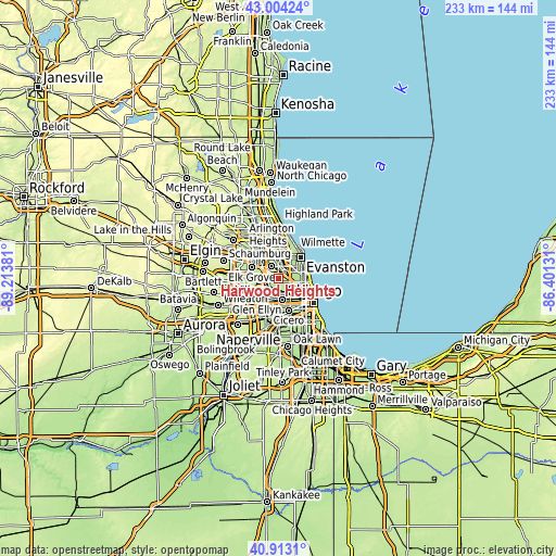 Topographic map of Harwood Heights