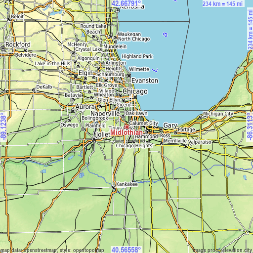 Topographic map of Midlothian