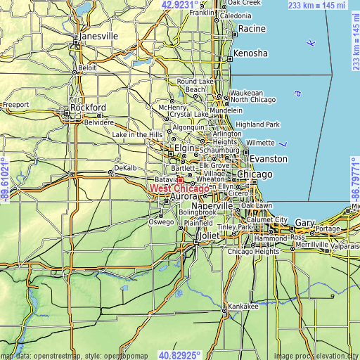 Topographic map of West Chicago