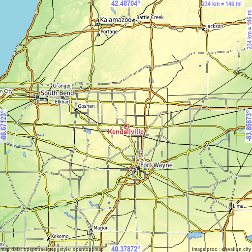 Topographic map of Kendallville