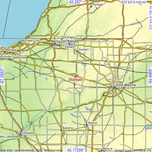 Topographic map of Warsaw