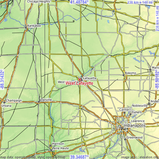 Topographic map of West Lafayette