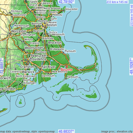 Topographic map of Bourne