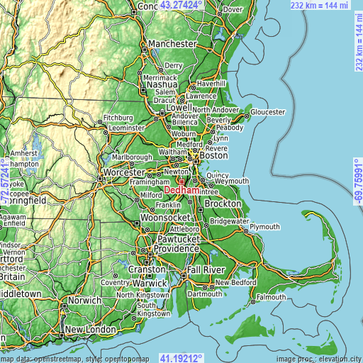 Topographic map of Dedham