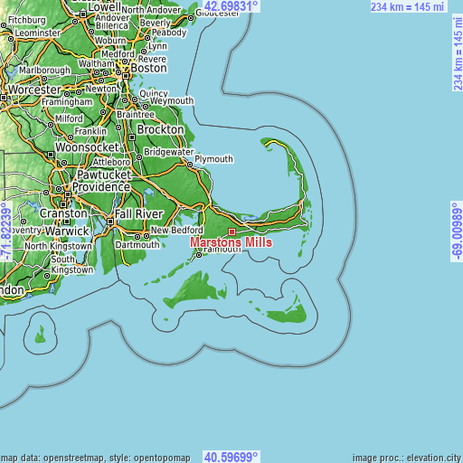 Topographic map of Marstons Mills