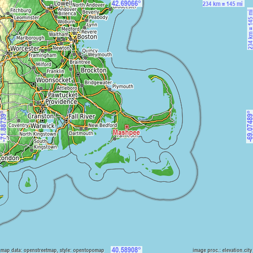 Topographic map of Mashpee