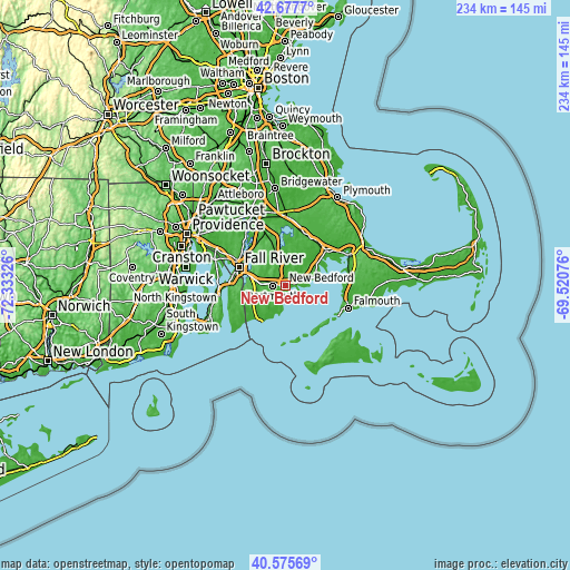 Topographic map of New Bedford