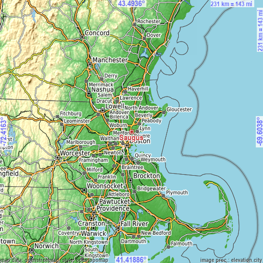 Topographic map of Saugus