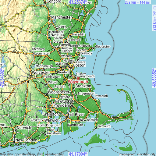 Topographic map of Weymouth