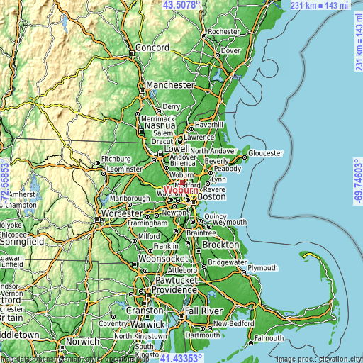 Topographic map of Woburn