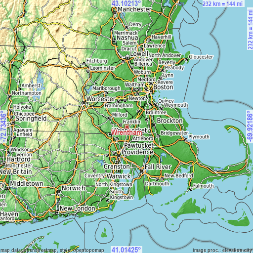 Topographic map of Wrentham