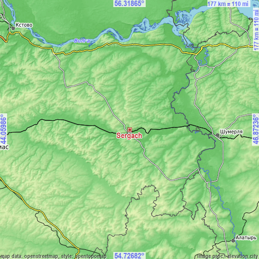 Topographic map of Sergach