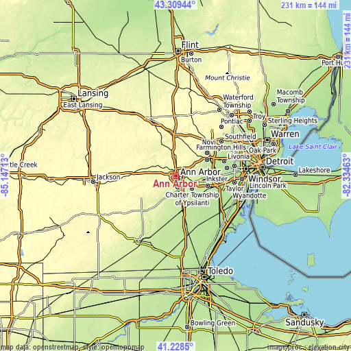 Topographic map of Ann Arbor