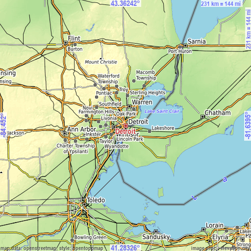 Topographic map of Detroit